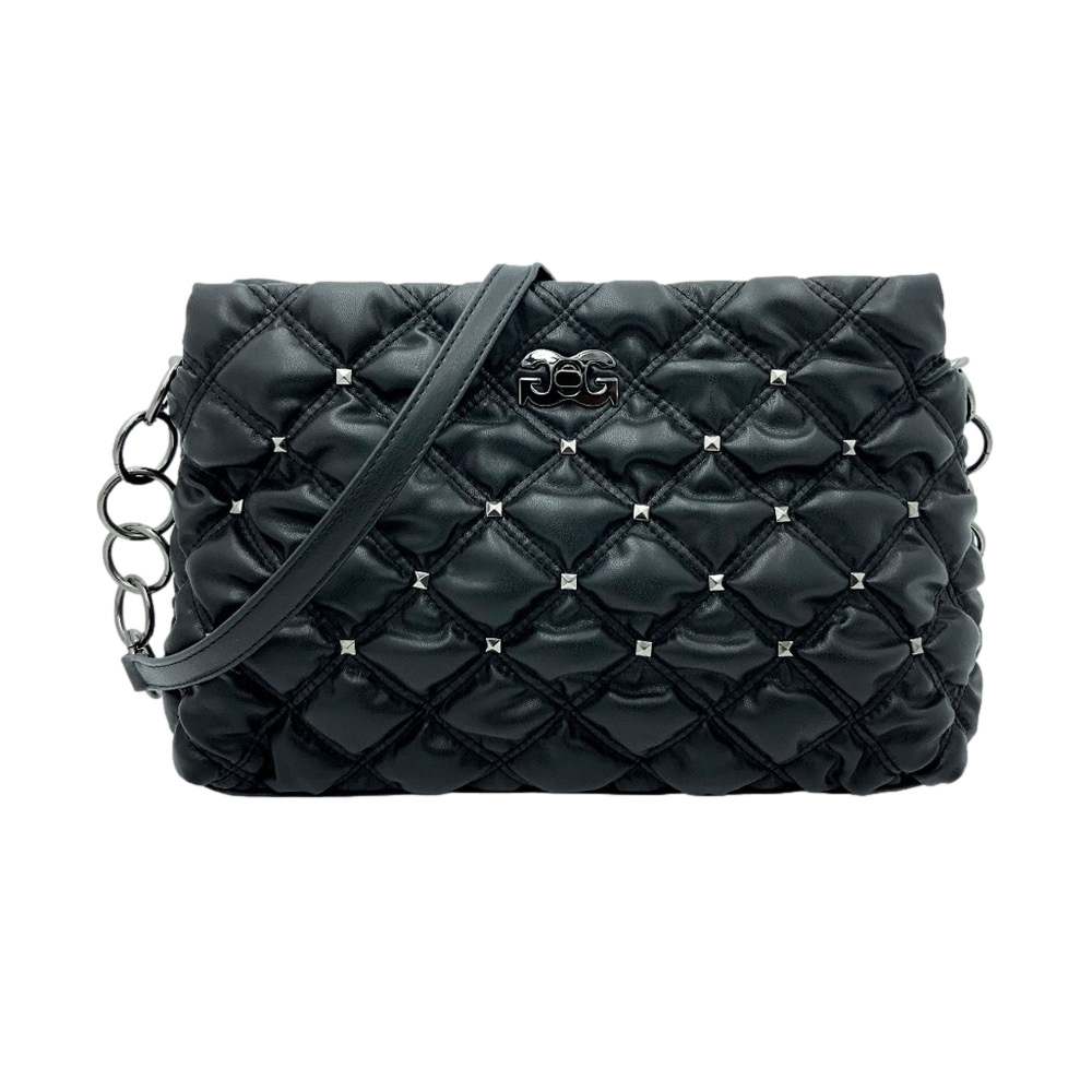 GILDA PARIS black Quilted Handbag with chain/fabric Strap gunmetal hardware